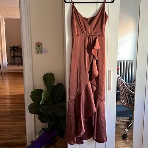 Satin Sleeveless Ruffled Slit Dress